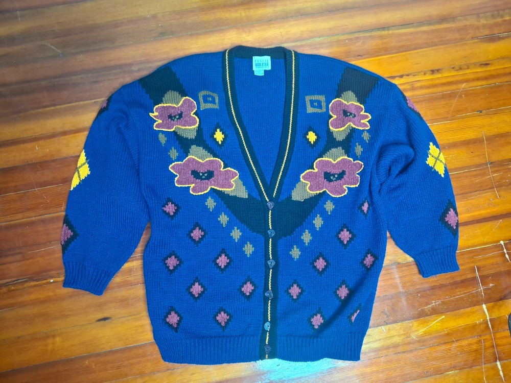 Vintage Leslie Fay Knit Cardigan Sweater (late 1980s-early 1990s), Navy Blue, XL - Picture 2 of 5